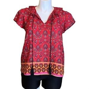 W5 Womens Blouse Top Ruffled V Neck Collar Relaxed Fit Short Sleeve Red Large